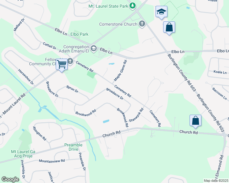 map of restaurants, bars, coffee shops, grocery stores, and more near 63 Broadacre Drive in Mount Laurel