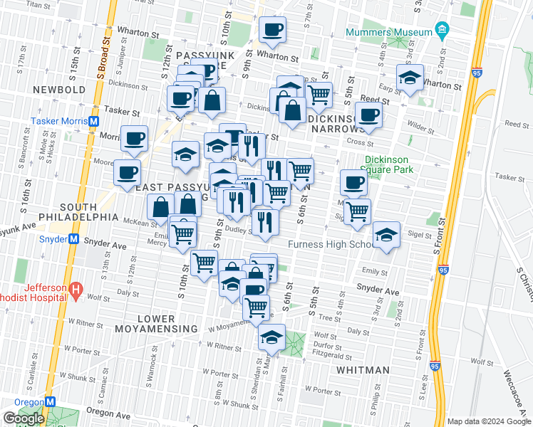 map of restaurants, bars, coffee shops, grocery stores, and more near 705 Mifflin Street in Philadelphia