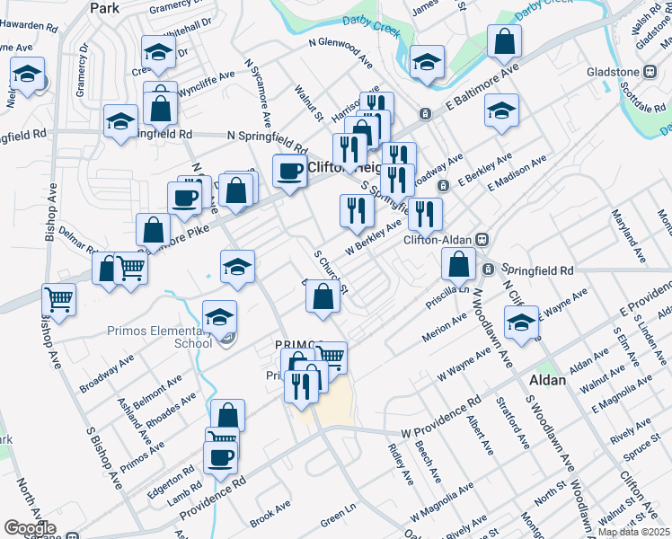 map of restaurants, bars, coffee shops, grocery stores, and more near 307 South Church Street in Clifton Heights