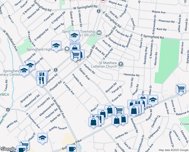 map of restaurants, bars, coffee shops, grocery stores, and more near 300 Parham Road in Springfield