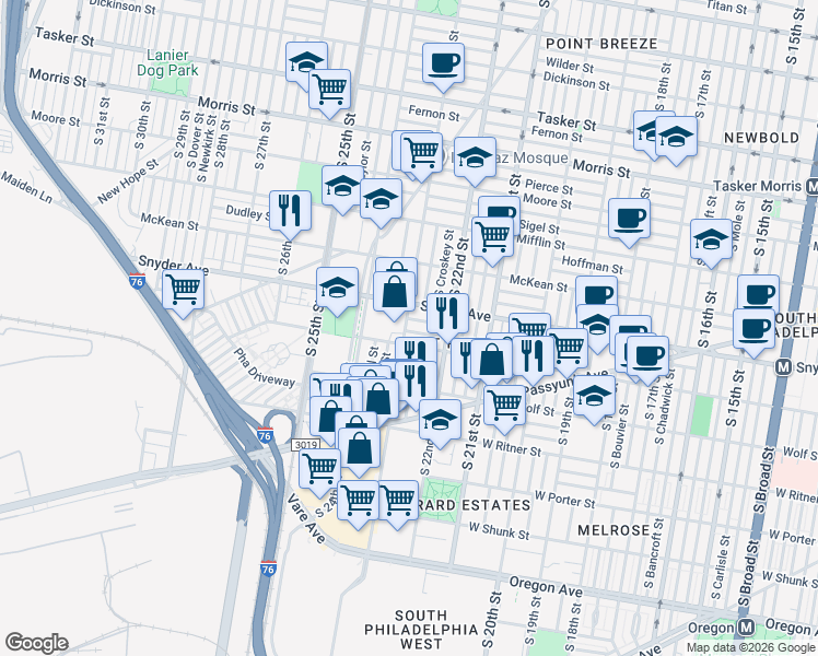 map of restaurants, bars, coffee shops, grocery stores, and more near 2257 Winton Street in Philadelphia