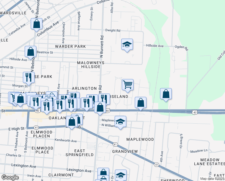 map of restaurants, bars, coffee shops, grocery stores, and more near 215 Roseland Avenue East in Springfield