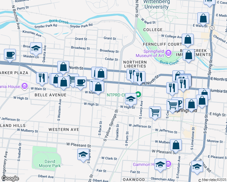 map of restaurants, bars, coffee shops, grocery stores, and more near 508 West Main Street in Springfield