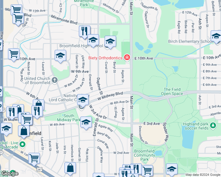 map of restaurants, bars, coffee shops, grocery stores, and more near 340 West 6th Avenue in Broomfield