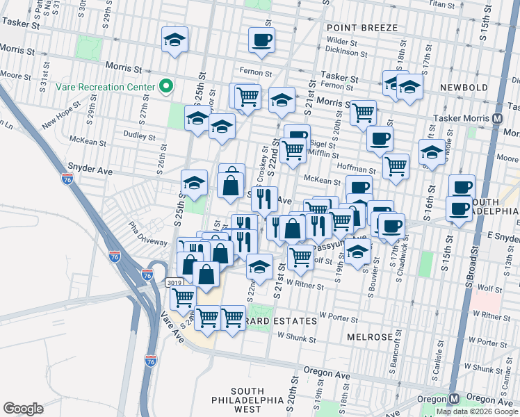 map of restaurants, bars, coffee shops, grocery stores, and more near 2206 Cantrell Street in Philadelphia