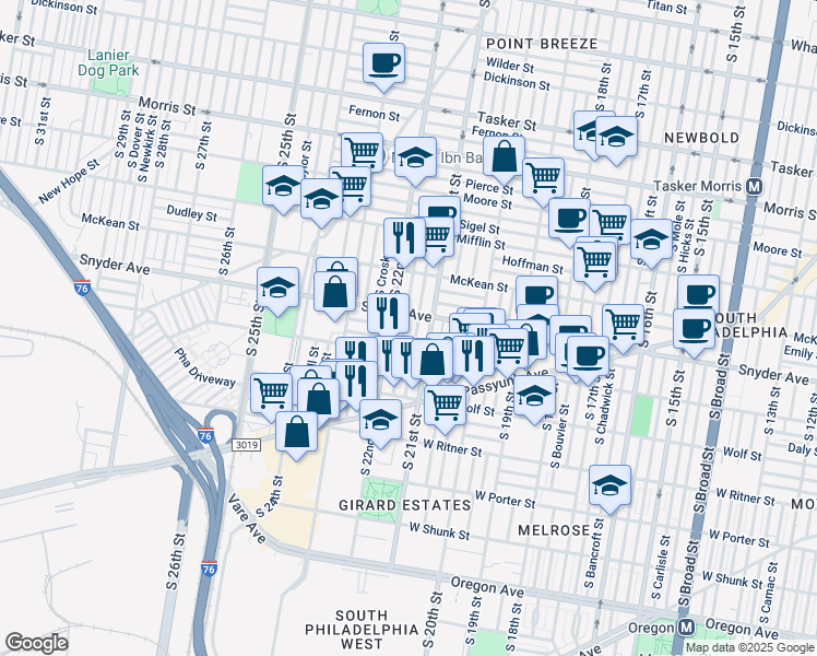 map of restaurants, bars, coffee shops, grocery stores, and more near 2117 South Beechwood Street in Philadelphia