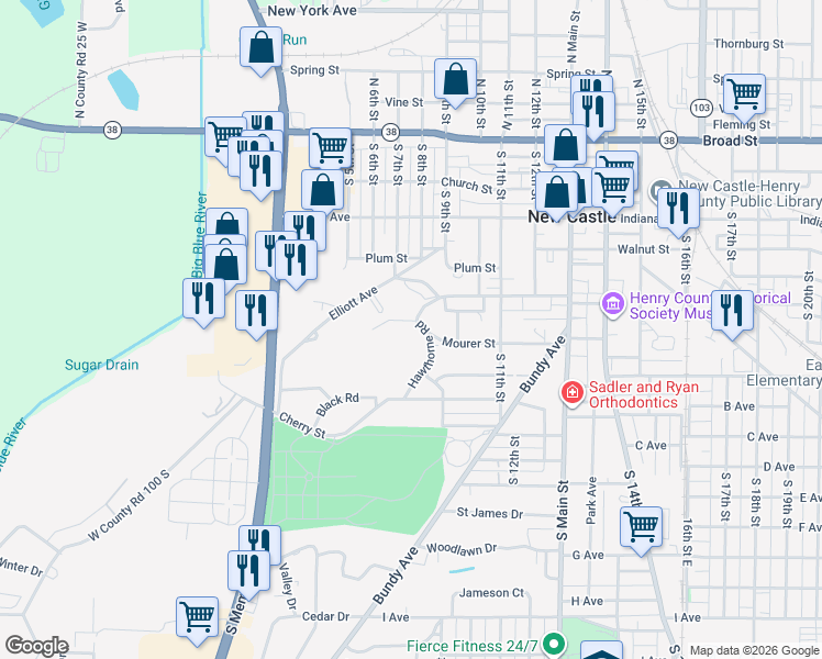 map of restaurants, bars, coffee shops, grocery stores, and more near 707 Leland Street in New Castle