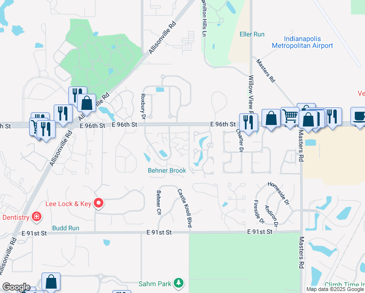 map of restaurants, bars, coffee shops, grocery stores, and more near 6455 Bayside Way in Indianapolis