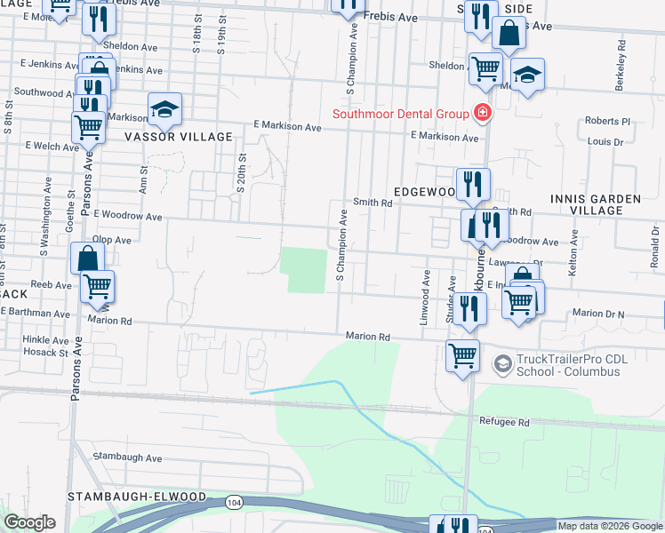 map of restaurants, bars, coffee shops, grocery stores, and more near 1907 S Champion Ave in Columbus