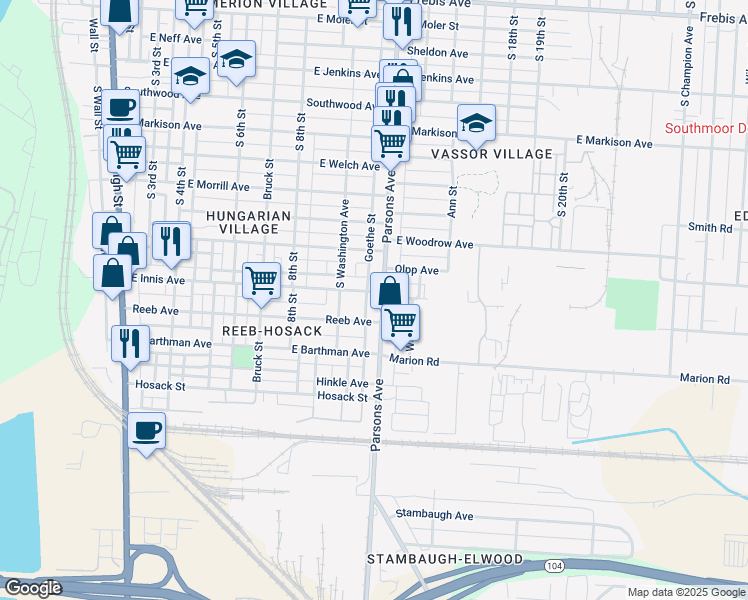 map of restaurants, bars, coffee shops, grocery stores, and more near 1833 Parsons Avenue in Columbus