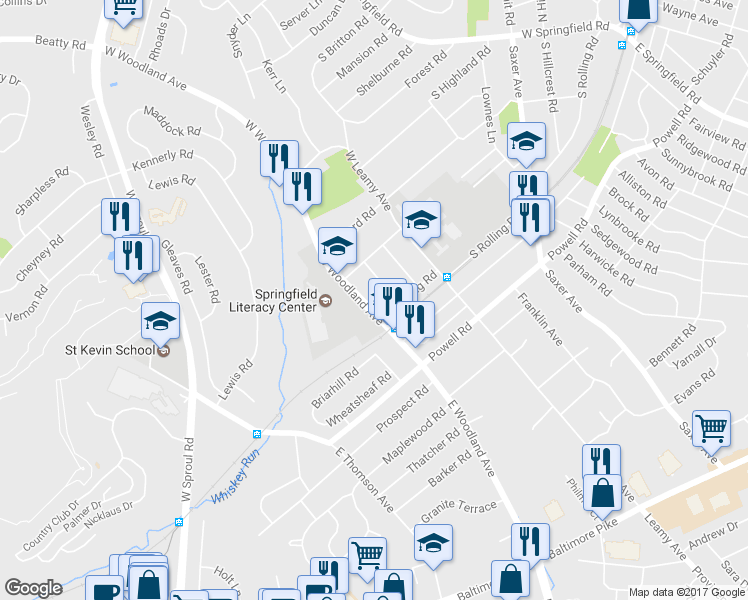 map of restaurants, bars, coffee shops, grocery stores, and more near 23 West Woodland Avenue in Springfield