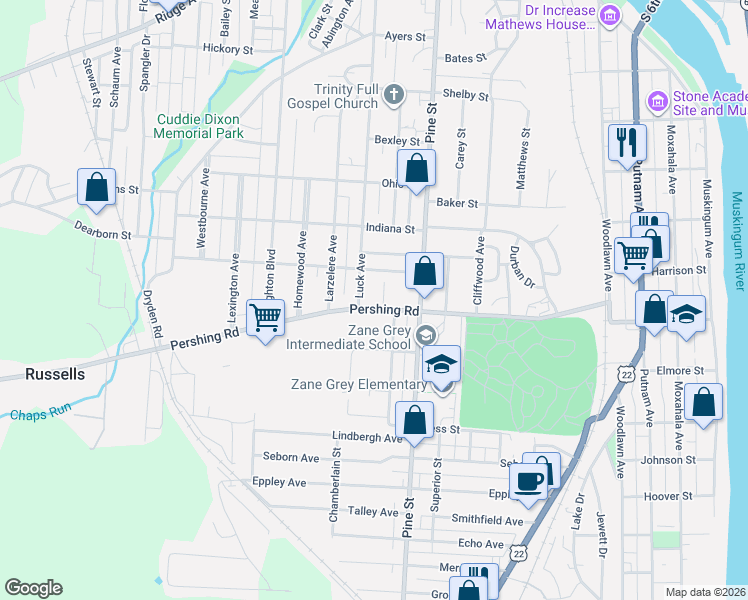 map of restaurants, bars, coffee shops, grocery stores, and more near 929 Pershing Road in Zanesville