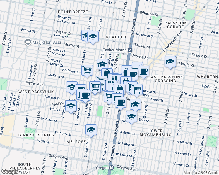 map of restaurants, bars, coffee shops, grocery stores, and more near 1509 Emily Street in Philadelphia