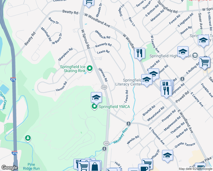 map of restaurants, bars, coffee shops, grocery stores, and more near 318 Gleaves Road in Springfield