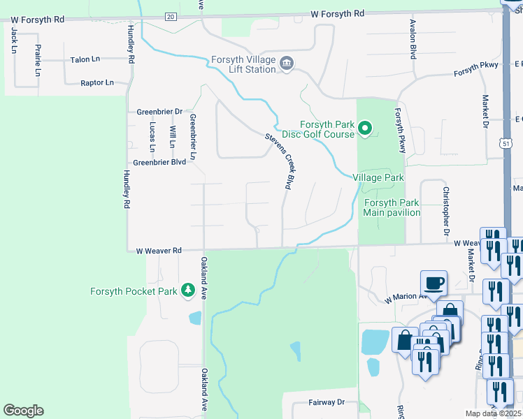 map of restaurants, bars, coffee shops, grocery stores, and more near Schroll Dr in Forsyth