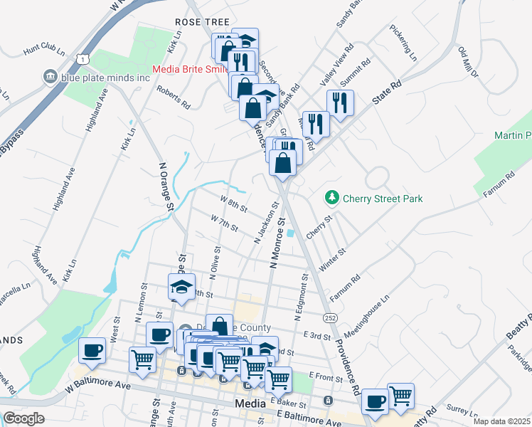 map of restaurants, bars, coffee shops, grocery stores, and more near 800 North Jackson Street in Media