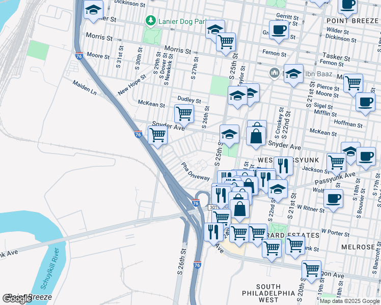 map of restaurants, bars, coffee shops, grocery stores, and more near Taney Terrace in Philadelphia