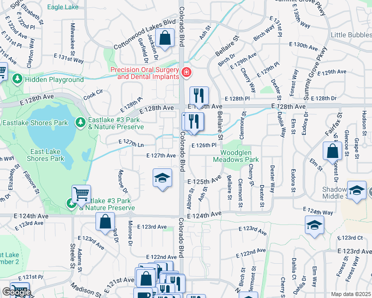 map of restaurants, bars, coffee shops, grocery stores, and more near 12631 Albion St in Thornton