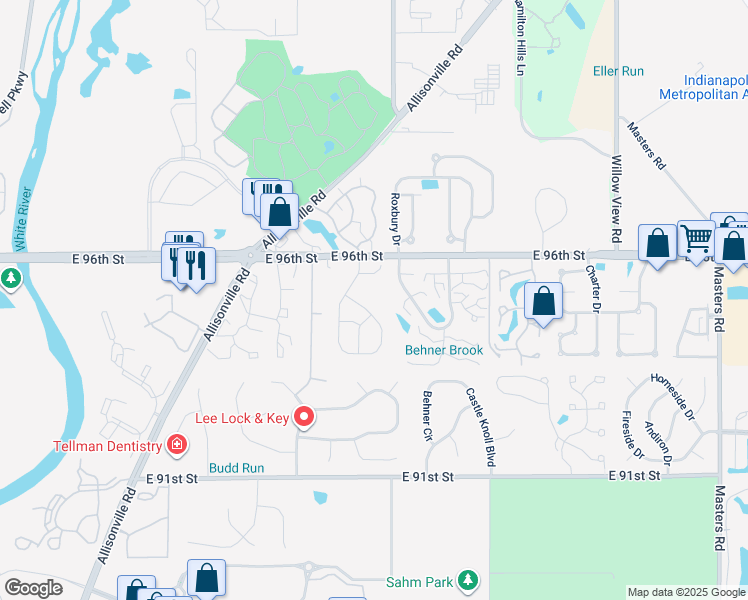 map of restaurants, bars, coffee shops, grocery stores, and more near 9500 Timber View Drive in Indianapolis