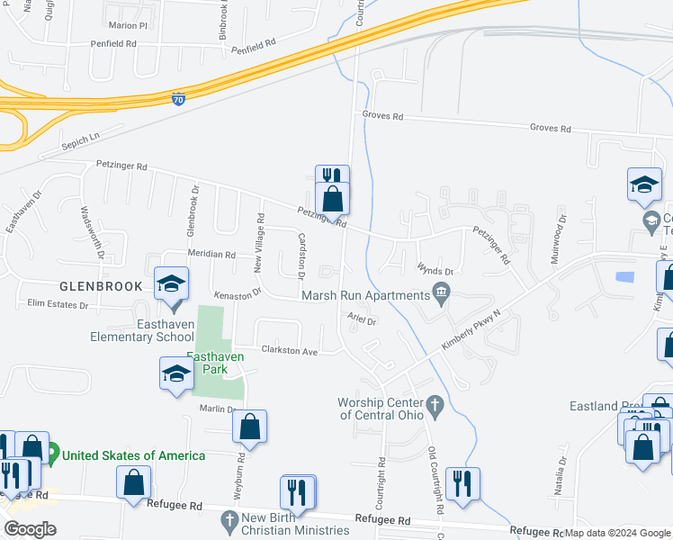 map of restaurants, bars, coffee shops, grocery stores, and more near 2281 Courtright Road in Columbus