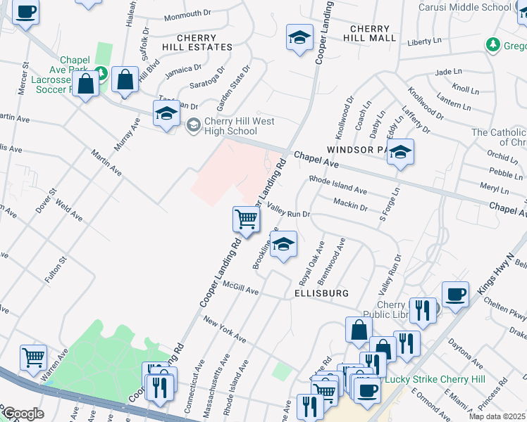 map of restaurants, bars, coffee shops, grocery stores, and more near 495 Cooper Landing Road in Cherry Hill