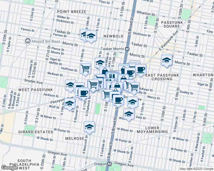 map of restaurants, bars, coffee shops, grocery stores, and more near 1511 Emily St in Philadelphia