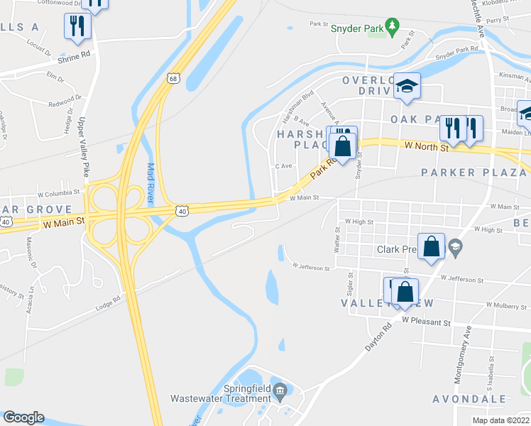 map of restaurants, bars, coffee shops, grocery stores, and more near 2229 West Main Street in Springfield