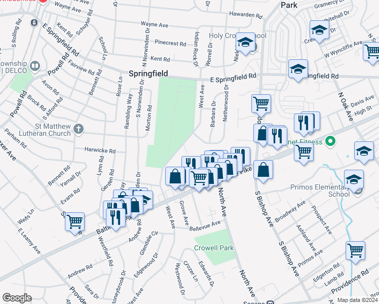 map of restaurants, bars, coffee shops, grocery stores, and more near 221 West Avenue in Springfield