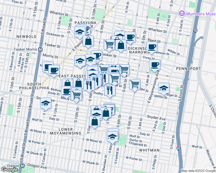 map of restaurants, bars, coffee shops, grocery stores, and more near 717 Mifflin Street in Philadelphia