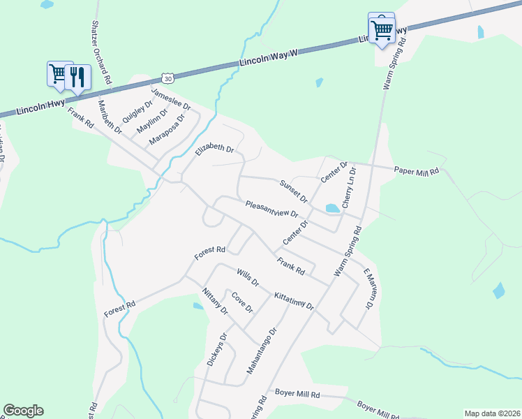 map of restaurants, bars, coffee shops, grocery stores, and more near 1512 Pleasantview Drive in Chambersburg