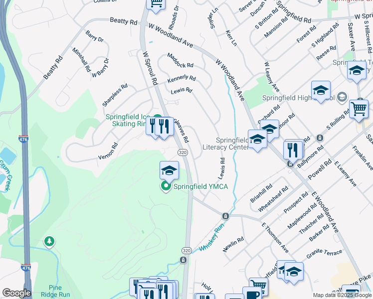map of restaurants, bars, coffee shops, grocery stores, and more near 318 Gleaves Road in Springfield