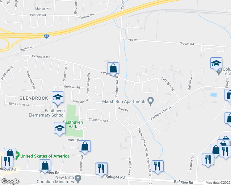 map of restaurants, bars, coffee shops, grocery stores, and more near 3460 Courtright Lane in Columbus