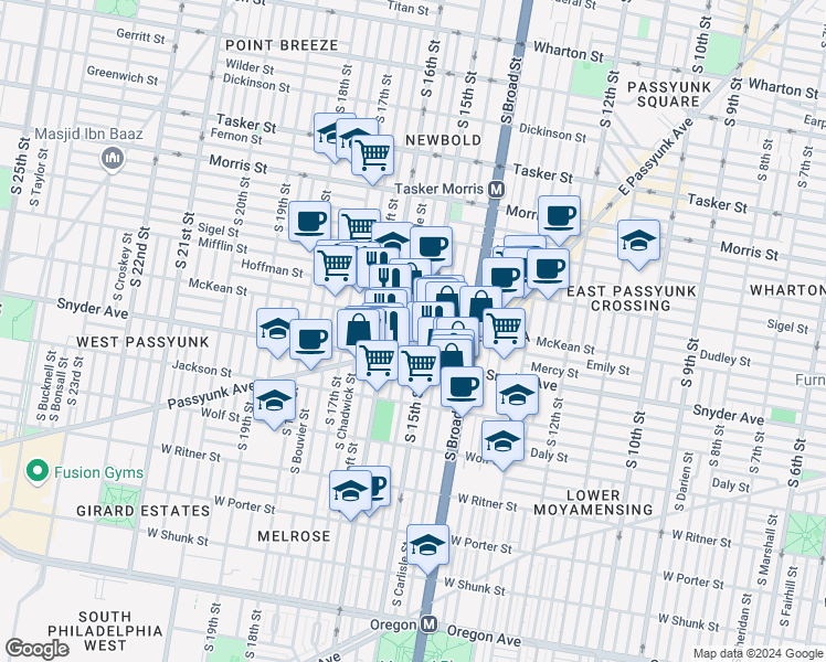 map of restaurants, bars, coffee shops, grocery stores, and more near 1519 Emily Street in Philadelphia