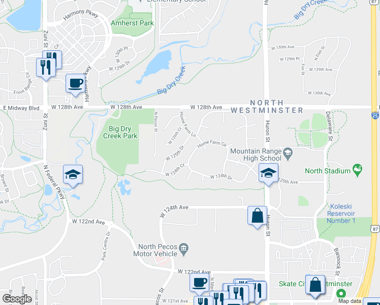 map of restaurants, bars, coffee shops, grocery stores, and more near 1070 Home Farm Circle in Westminster