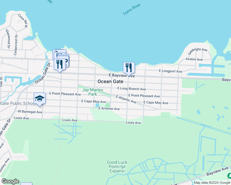 map of restaurants, bars, coffee shops, grocery stores, and more near 319 West Point Pleasant Avenue in Ocean Gate