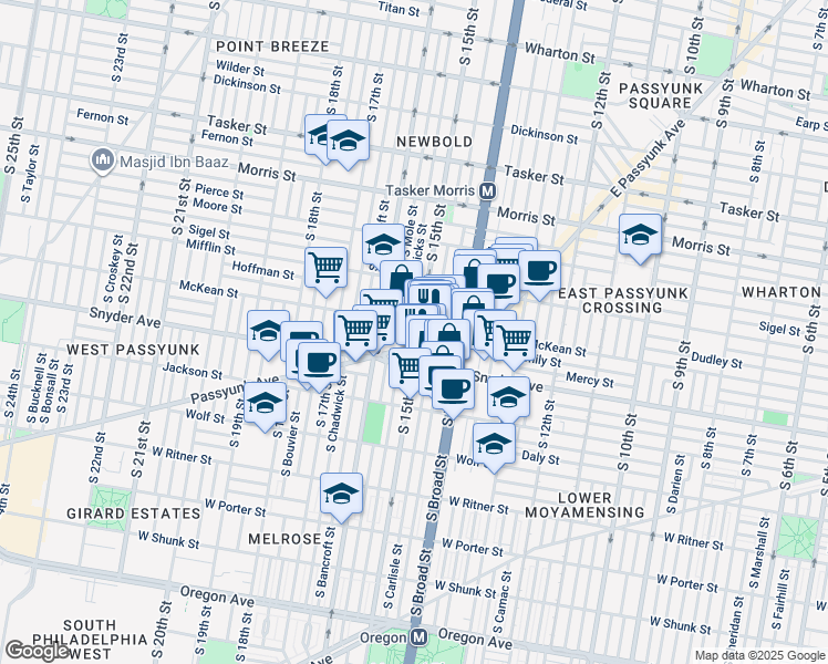 map of restaurants, bars, coffee shops, grocery stores, and more near 2008 South 15th Street in Philadelphia