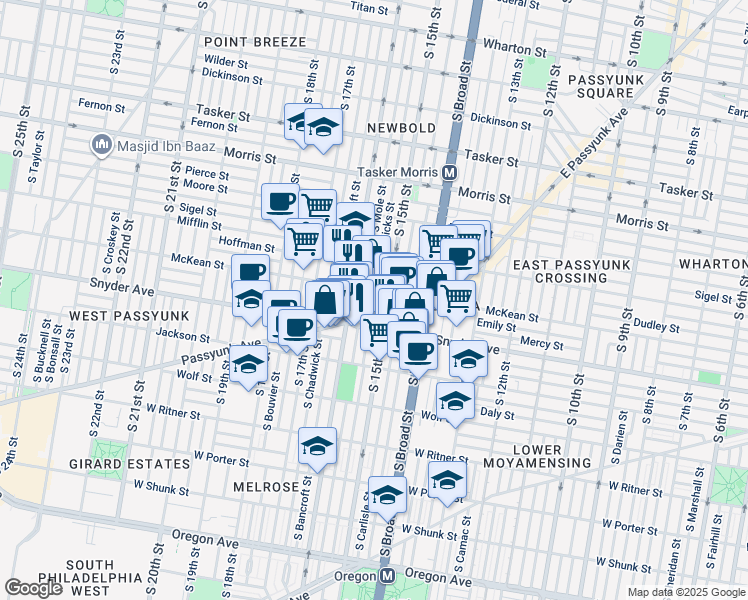 map of restaurants, bars, coffee shops, grocery stores, and more near 1519 Emily Street in Philadelphia
