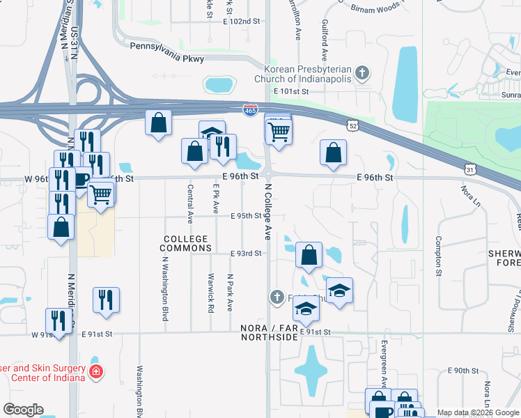 map of restaurants, bars, coffee shops, grocery stores, and more near 9502 North College Avenue in Indianapolis