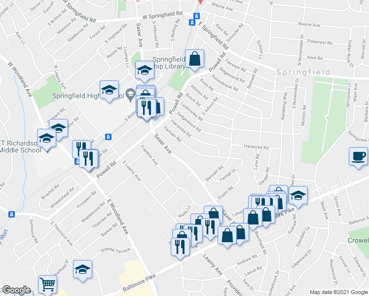 map of restaurants, bars, coffee shops, grocery stores, and more near 300 Parham Road in Springfield