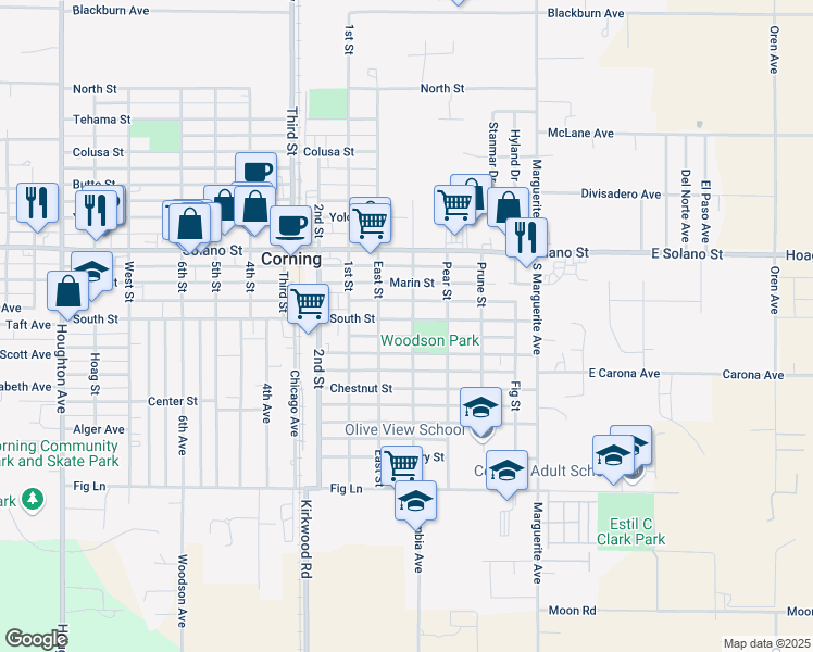 map of restaurants, bars, coffee shops, grocery stores, and more near 711 South Street in Corning