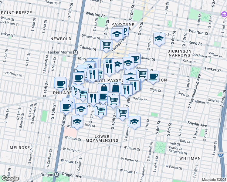 map of restaurants, bars, coffee shops, grocery stores, and more near 1918 South Warnock Street in Philadelphia