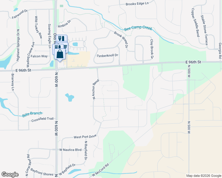 map of restaurants, bars, coffee shops, grocery stores, and more near 5572 Pelican Court in McCordsville