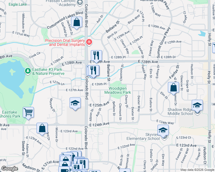 map of restaurants, bars, coffee shops, grocery stores, and more near 4293 East 126th Avenue in Thornton