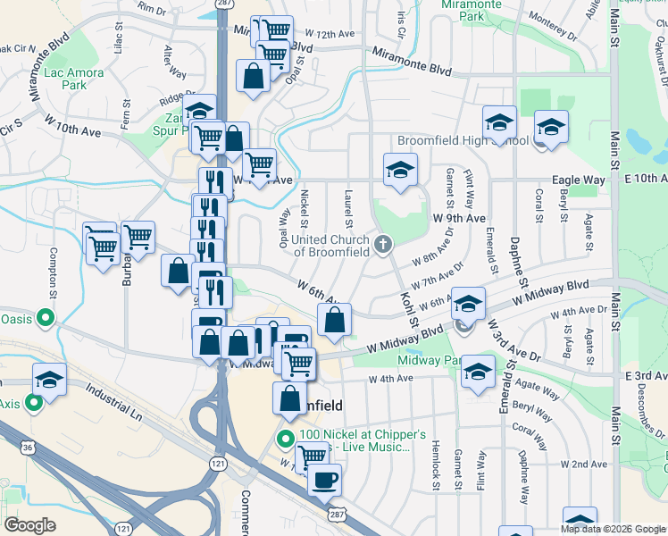 map of restaurants, bars, coffee shops, grocery stores, and more near 665 Lotus Way in Broomfield