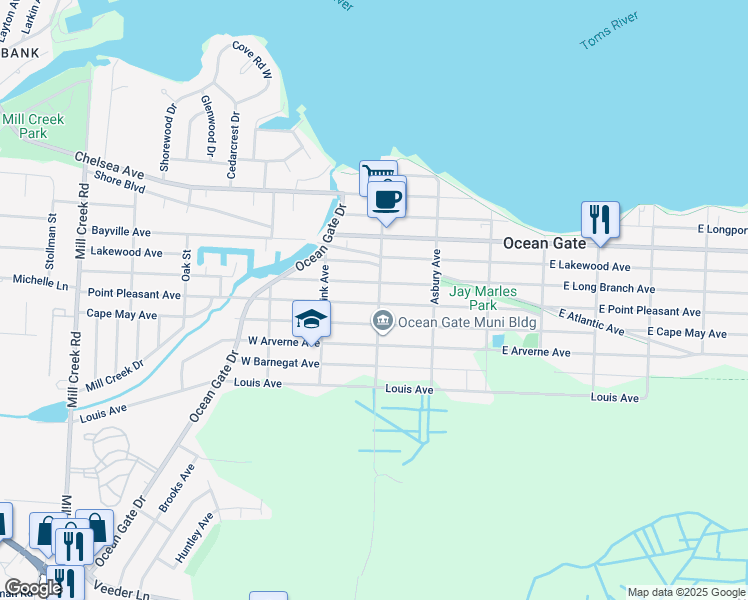 map of restaurants, bars, coffee shops, grocery stores, and more near 32 East Point Pleasant Avenue in Ocean Gate