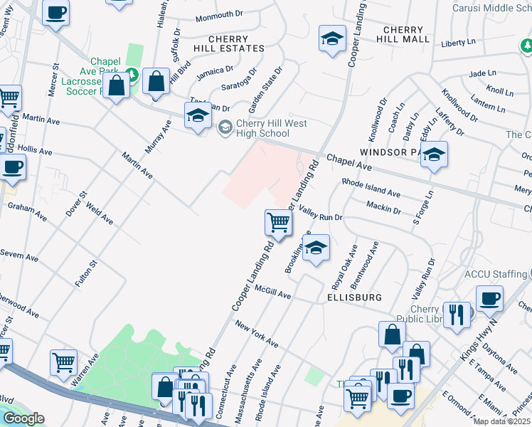 map of restaurants, bars, coffee shops, grocery stores, and more near 690 Cooper Landing Road in Cherry Hill