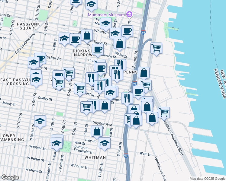 map of restaurants, bars, coffee shops, grocery stores, and more near 208 Moore Street in Philadelphia