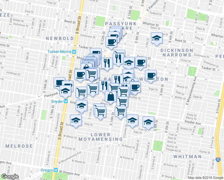 map of restaurants, bars, coffee shops, grocery stores, and more near 1918 South Warnock Street in Philadelphia