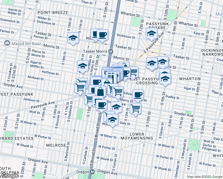 map of restaurants, bars, coffee shops, grocery stores, and more near 1323 McKean Street in Philadelphia
