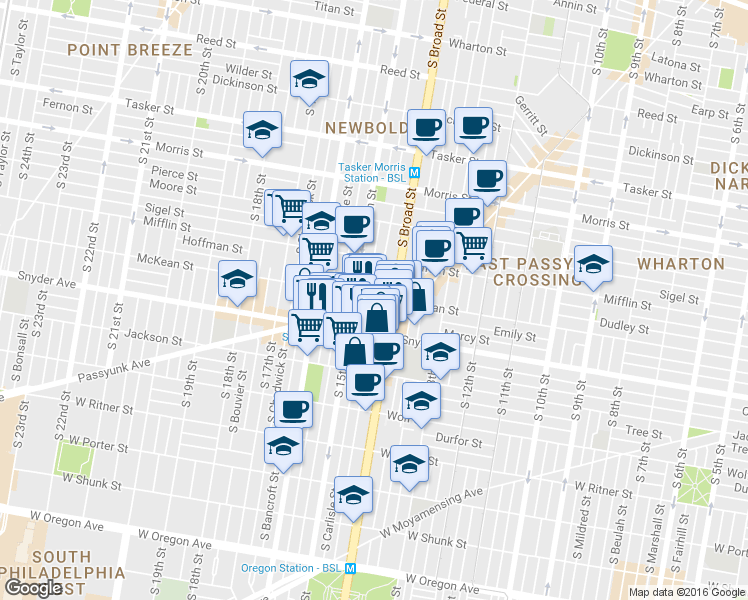 map of restaurants, bars, coffee shops, grocery stores, and more near 2009 South 15th Street in Philadelphia